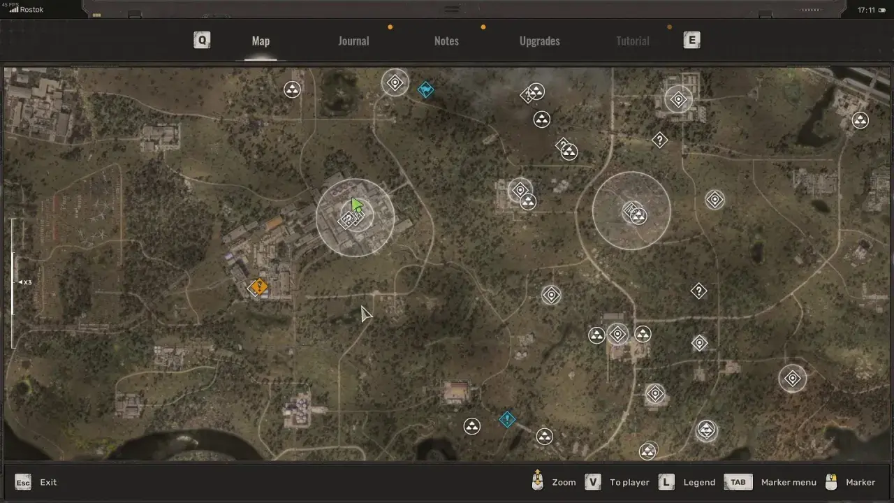 Mapa gry S.T.A.L.K.E.R. z widocznymi ikonami zadań i lokacji. Widać fragmenty budynków, dróg i terenów zielonych, sugerujące zniszczony świat, czyli martwe pole.