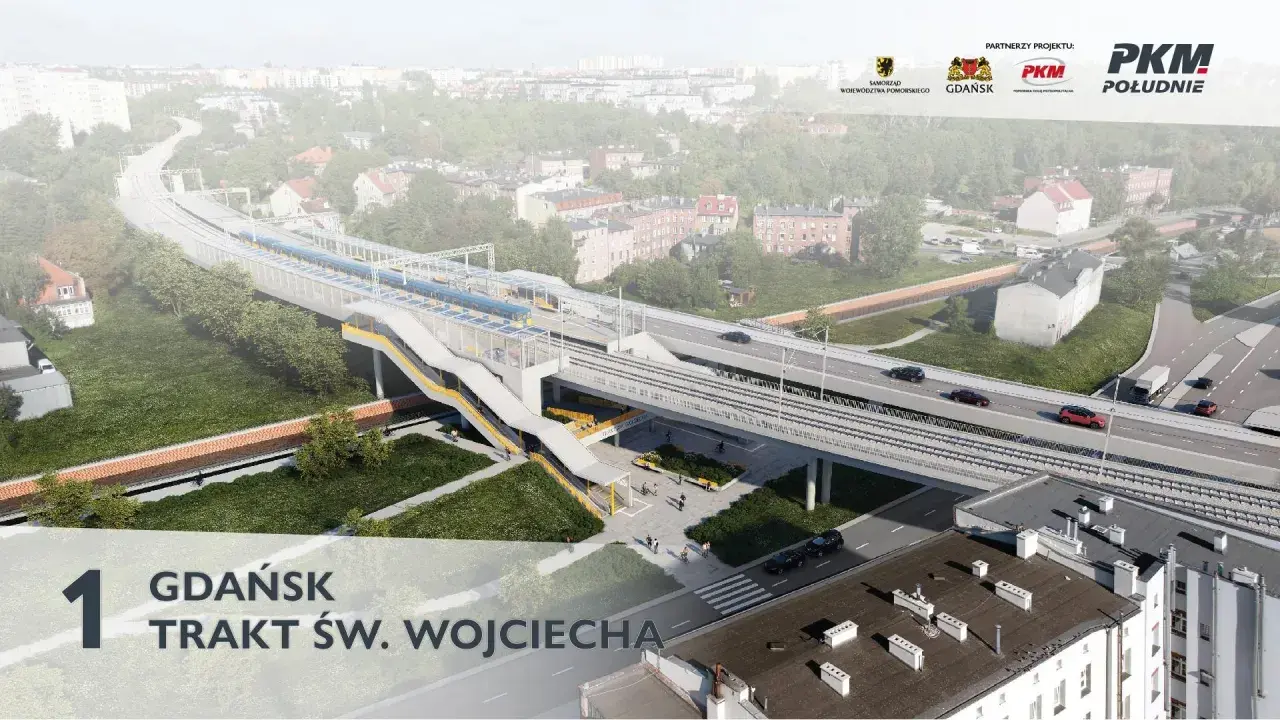 Nowa linia PKM ułatwi podróżowanie, skracając rumia - gdańsk odległość. Widok na nowoczesną stację i wiadukt.