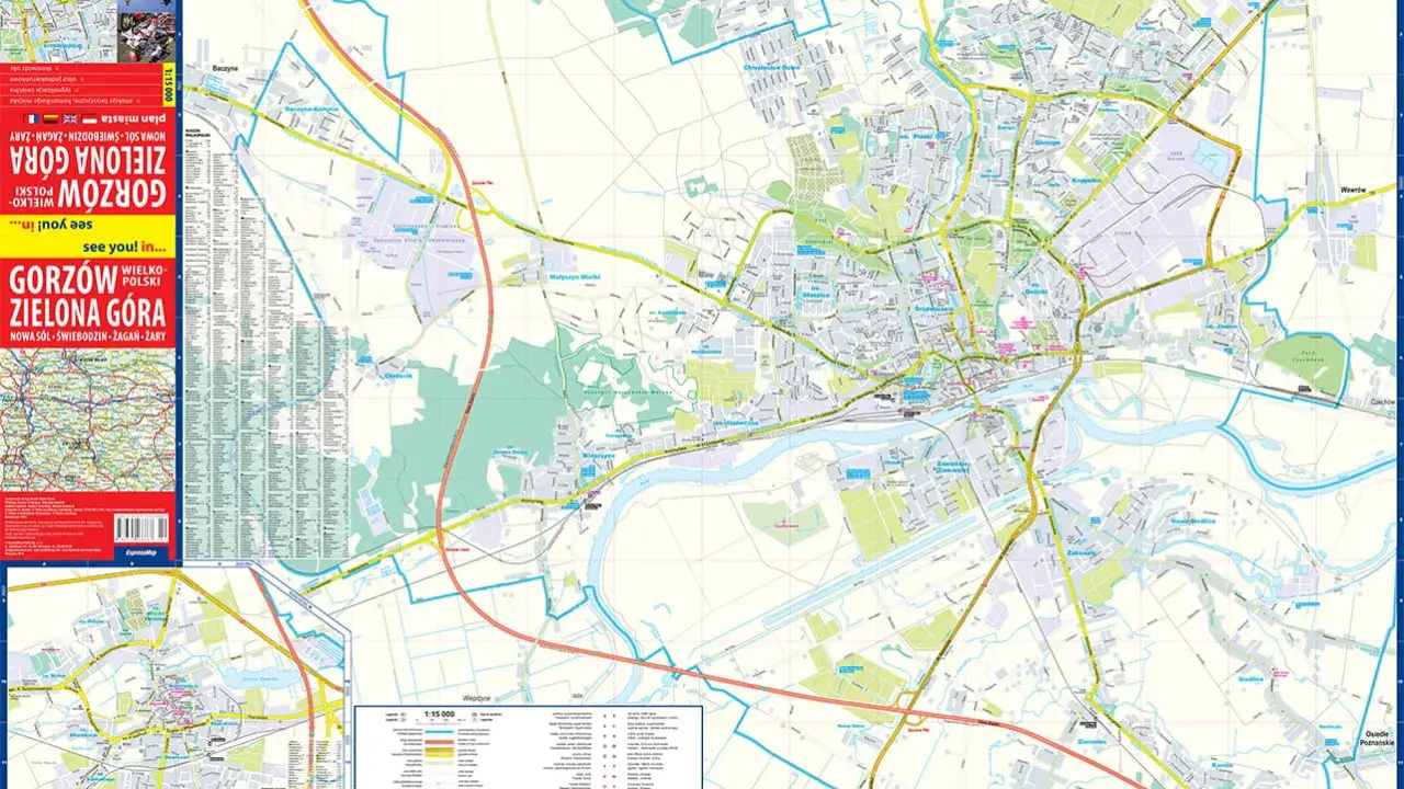 Mapa drogowa Gorzowa Wielkopolskiego i Zielonej Góry z zaznaczonymi trasami i planami miast.