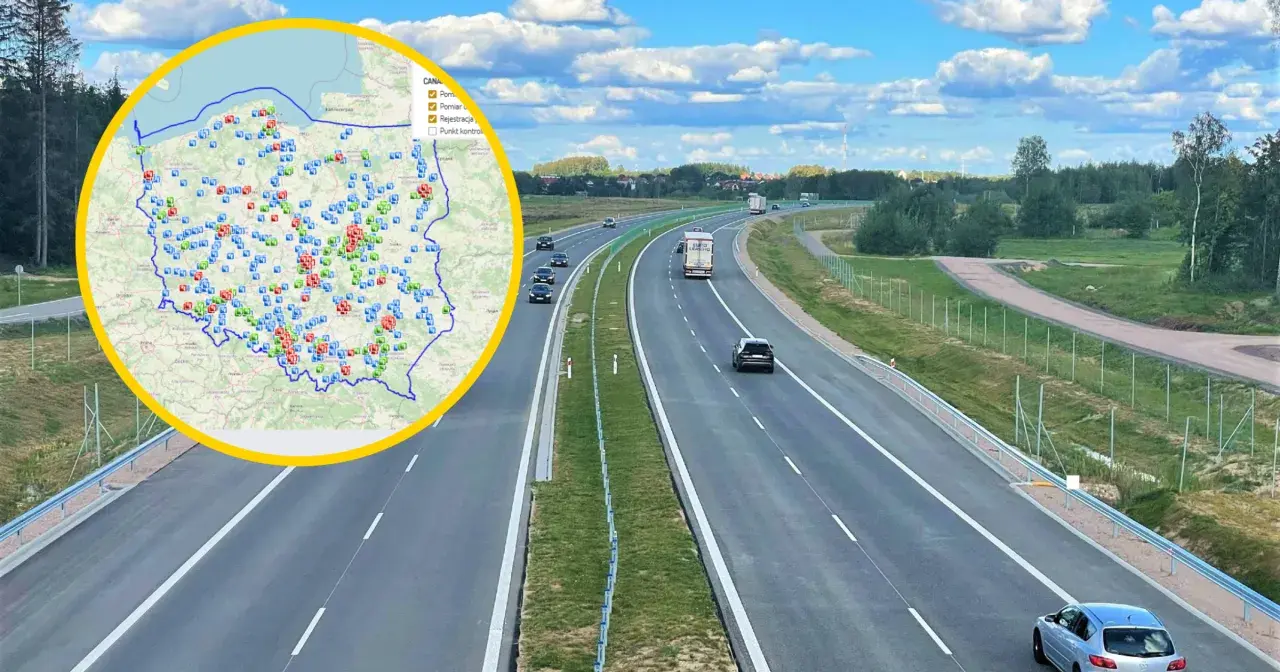 Mapa Polski z zaznaczonymi fotoradarami na S7 i innych drogach. Autostrada z samochodami w tle.