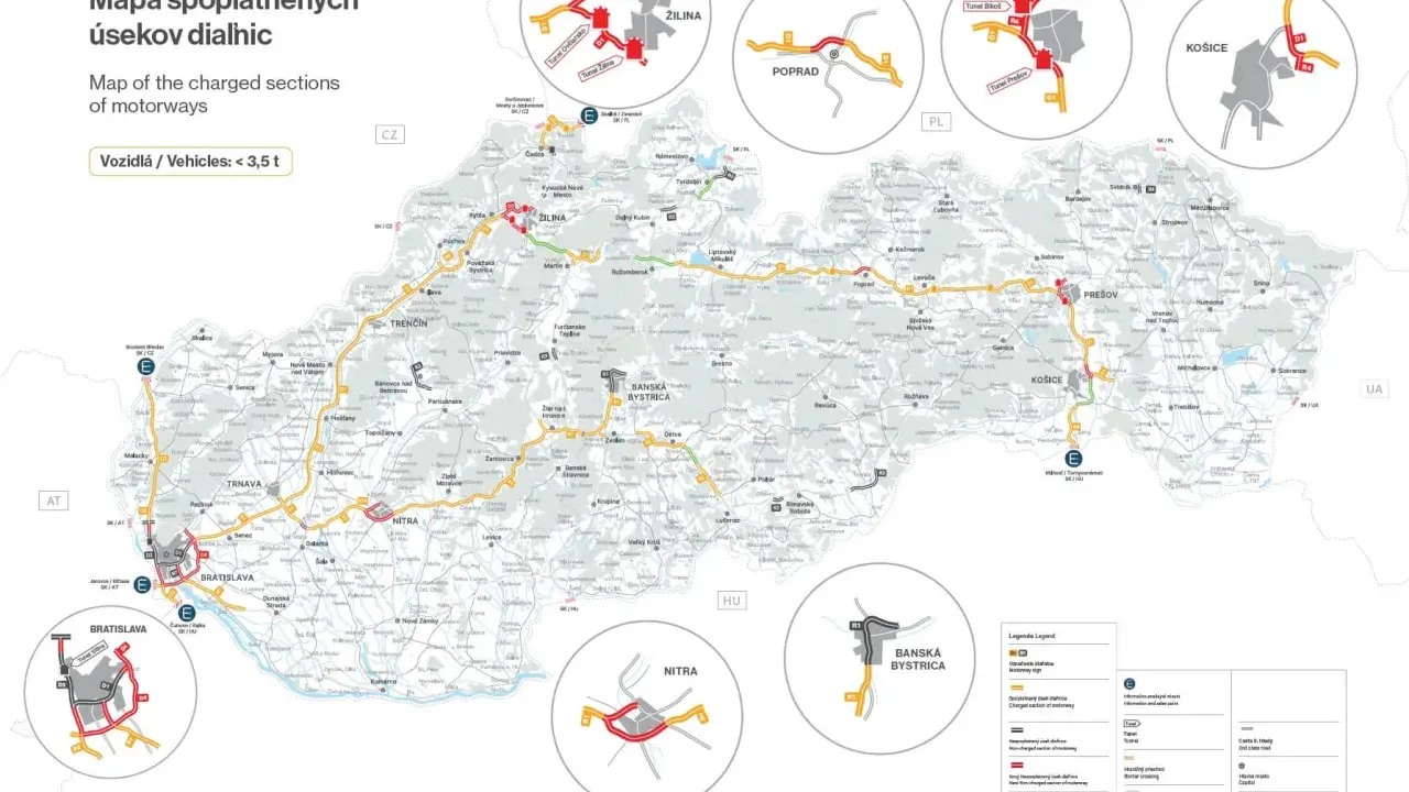Mapa Słowacji z zaznaczonymi płatnymi odcinkami autostrad. Unikaj mandatu za brak winiety słowacja, sprawdzając trasę.