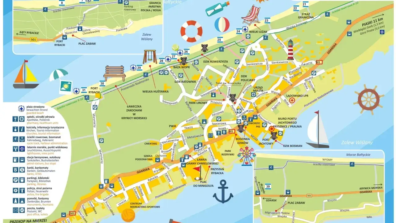 Mapa Krynicy Morskiej i okolic, pokazująca trasę do Krynicy Morskiej, plaże, porty, atrakcje turystyczne i drogi.