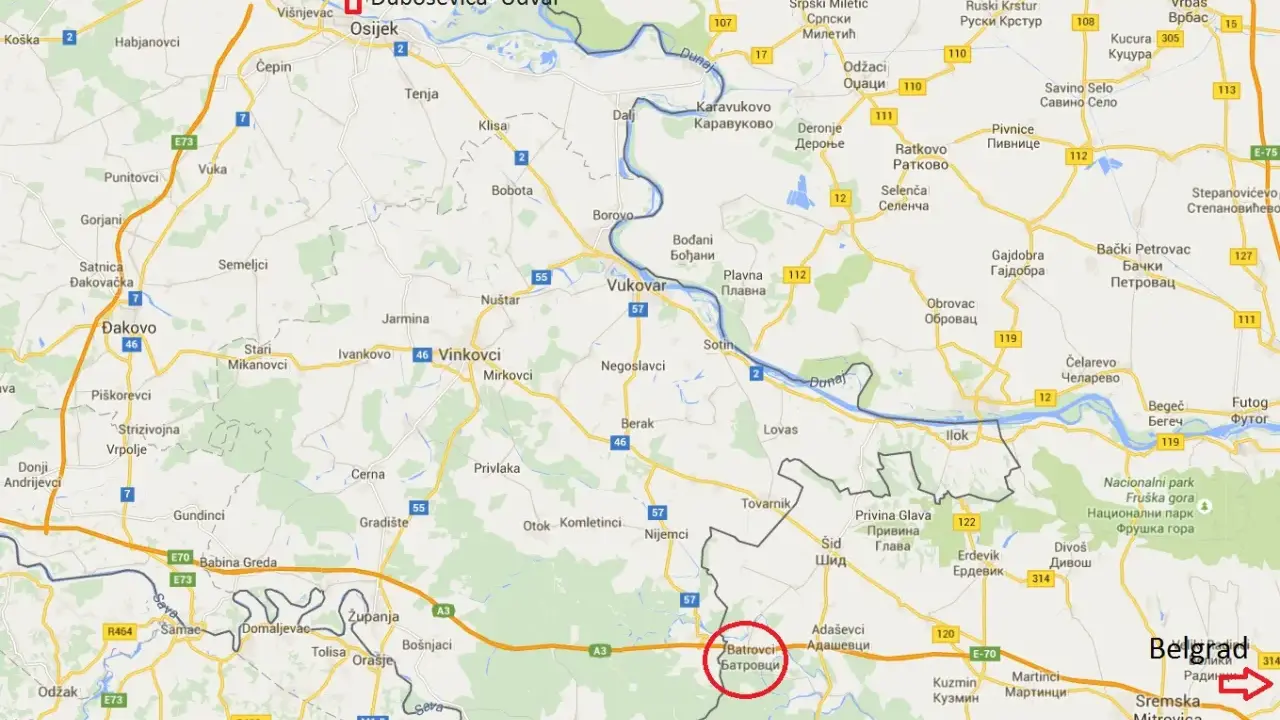 Mapa pokazuje drogę E70, która prowadzi do wjazdu do Serbii w miejscowości Batrovci.