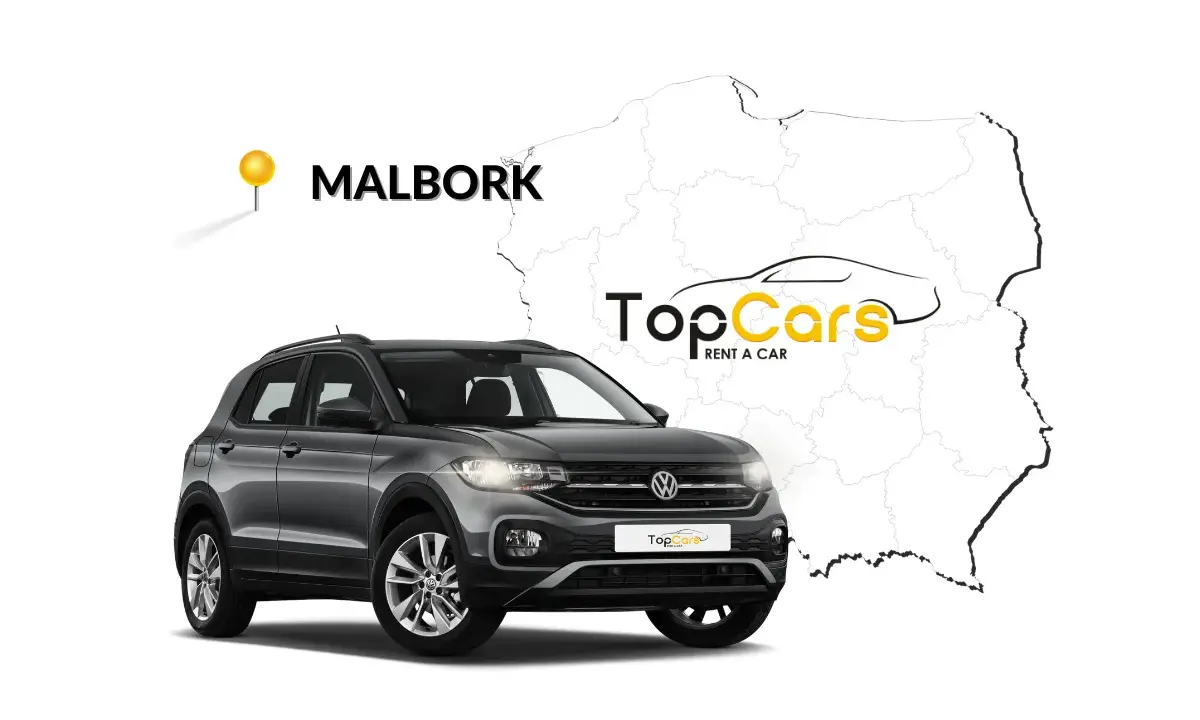 Szary Volkswagen T-Cross gotowy na podróż z Tczewa do Malborka. Mapa Polski z zaznaczonym Malborkiem i logo TopCars.