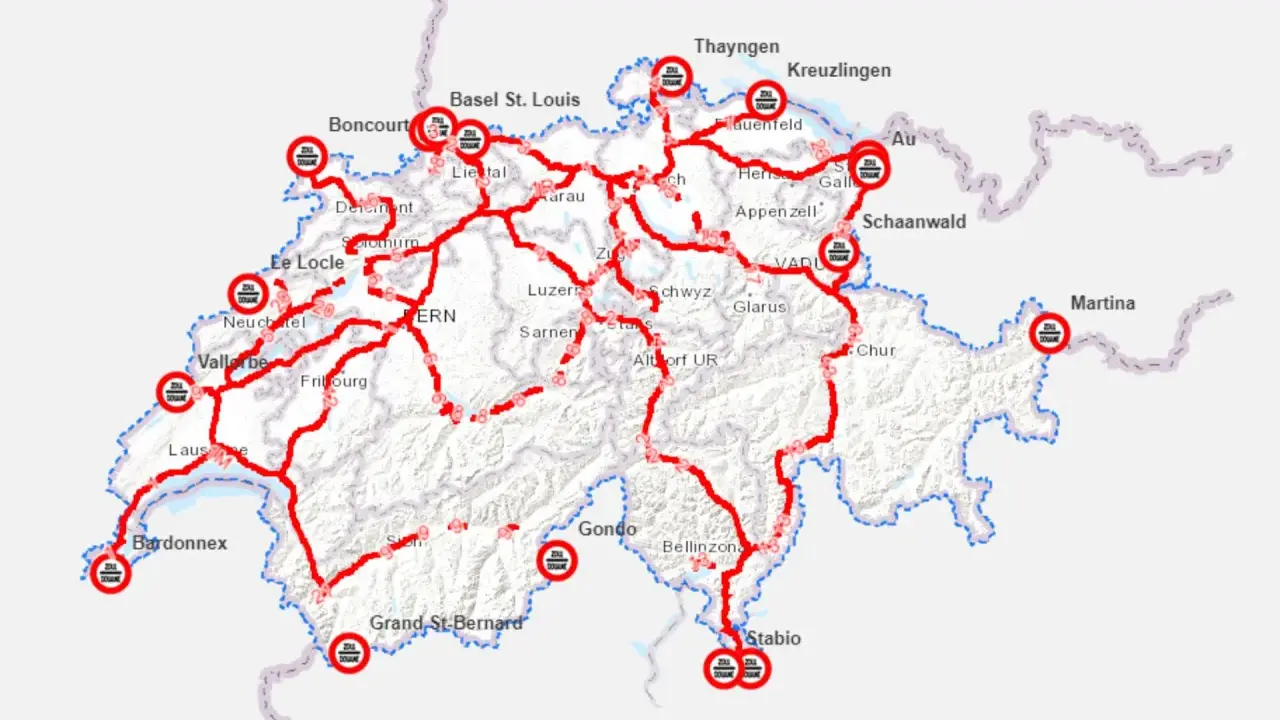 Mapa tras przejazd przez Szwajcarię z zaznaczonymi punktami granicznymi i miastami.
