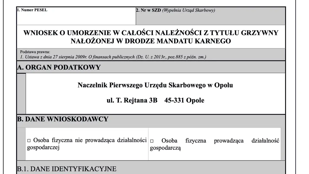 Wniosek o umorzenie należności z tytułu grzywny nałożonej w drodze mandatu karnego. Dane wnioskodawcy i organu podatkowego.