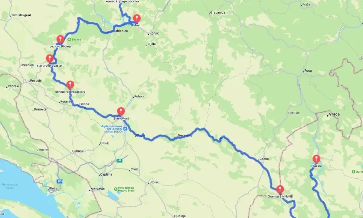 Trasa przez Czarnogórę i Bośnię, z zaznaczonymi punktami: Jezioro Blidinje, Stary Most w Mostarze, Plužine.