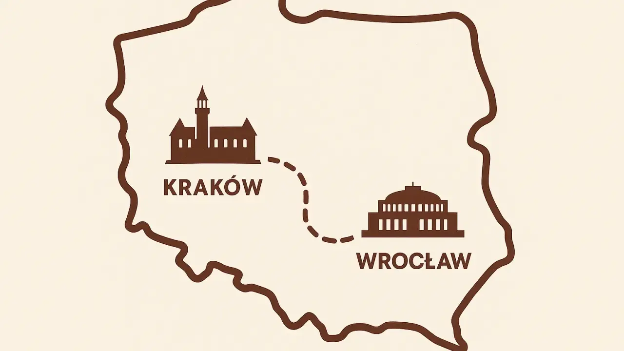 Mapa Polski z zaznaczonymi zabytkami Krakowa i Wrocławia. Linia przerywana pokazuje wrocław kraków odległość.