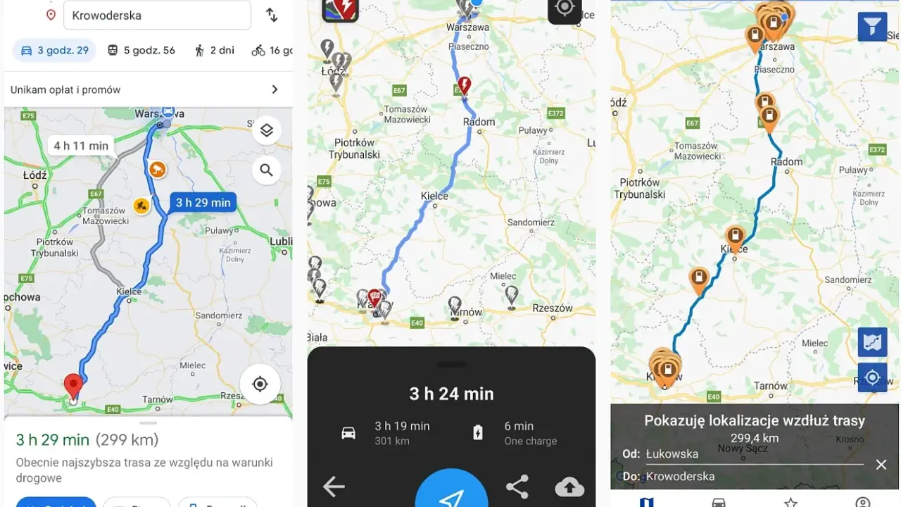 Trasa z Łukowskiej do Krowoderskiej, z uwzględnieniem zasięgu samochodu elektrycznego i stacji ładowania.