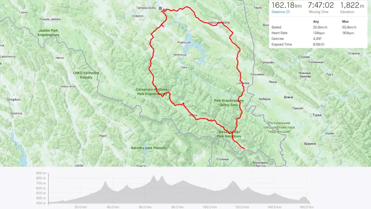 Trasa Google: wielka pętla bieszczadzka, 162 km przez Park Narodowy Bieszczadzki i krajobrazowe.
