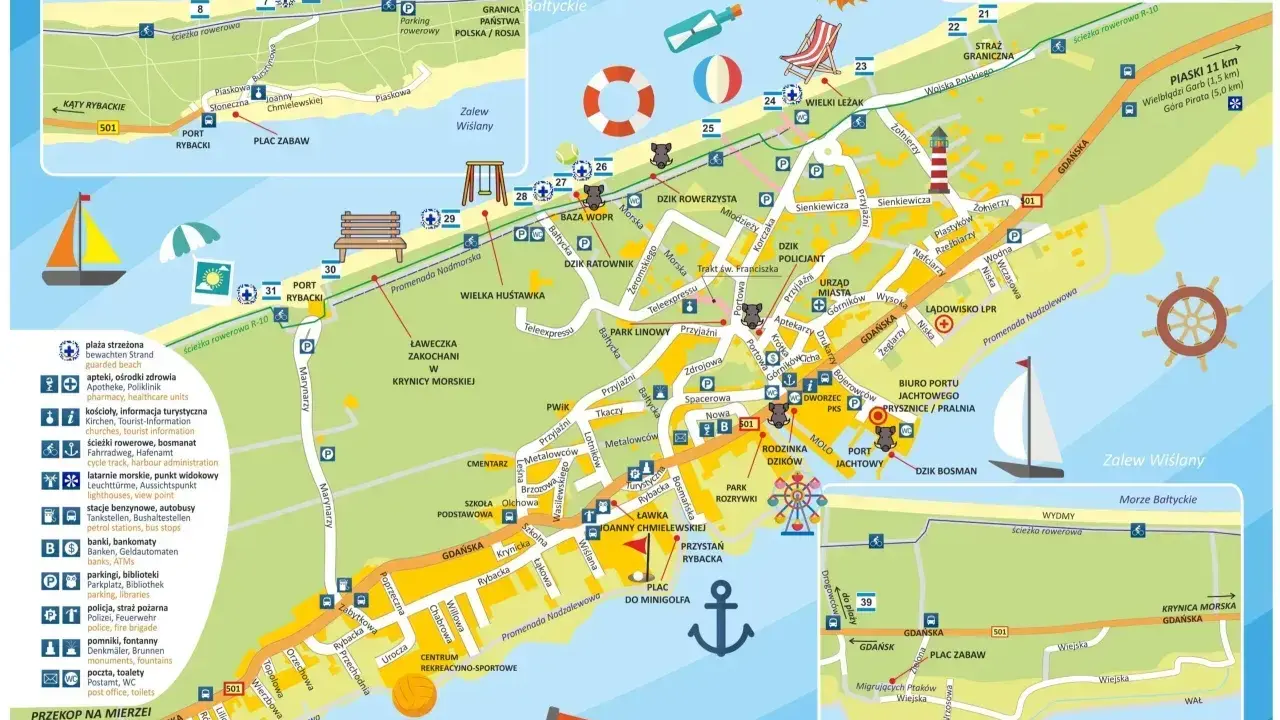 Mapa turystyczna Krynicy Morskiej i Piasków. Znajdziesz tu plaże, porty, ścieżki rowerowe i atrakcje. Sztutowo trasa jest zaznaczona.