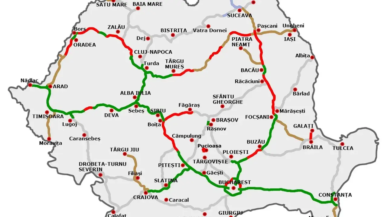 Mapa drogowa Rumunii z zaznaczonymi miastami i trasami. Wjazd do kraju od zachodu, przez Nădlac i Arad.
