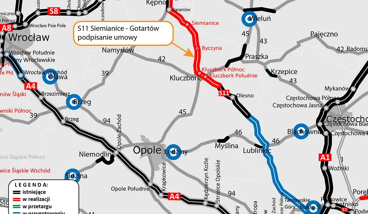 Mapa drogowa z zaznaczoną drogą krajową S11 Siemianice - Gotartów, w realizacji.