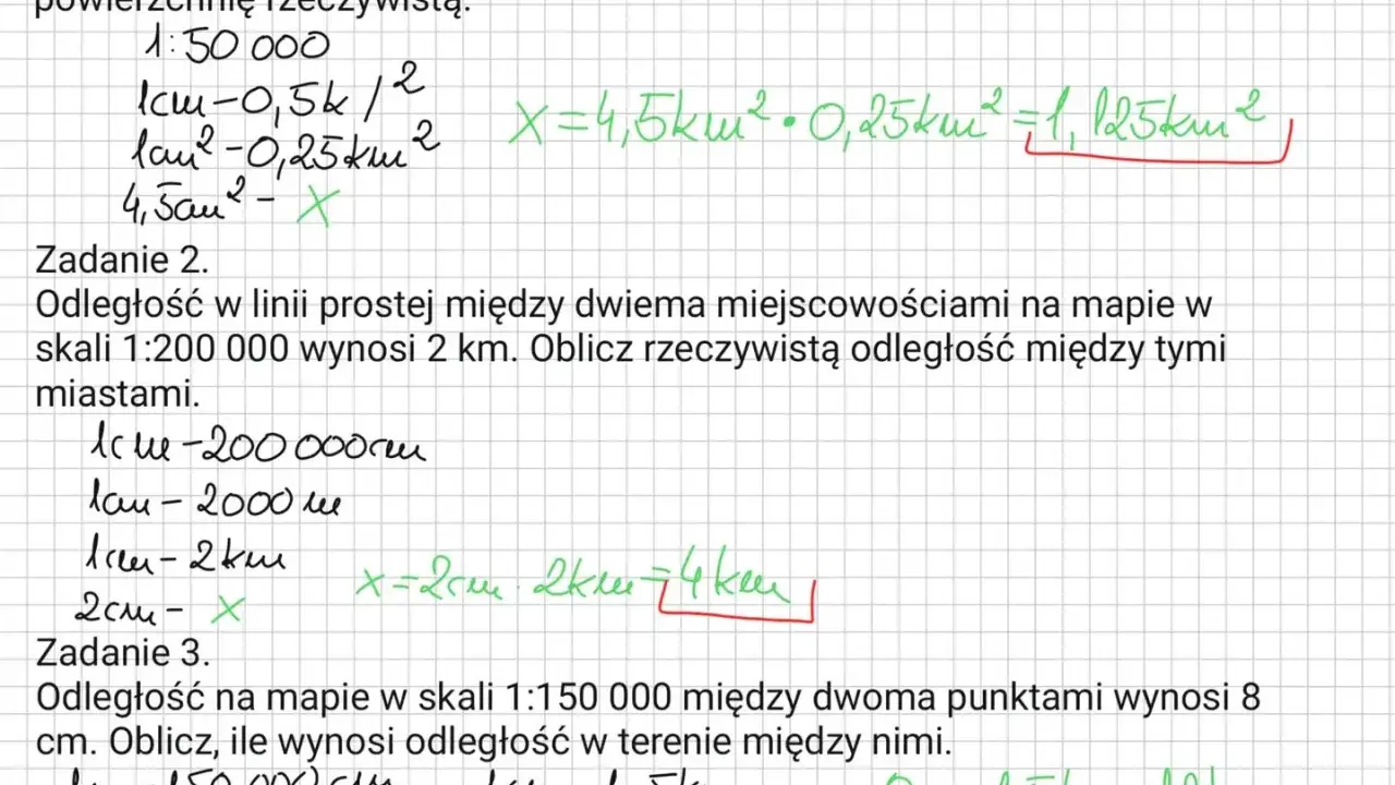 Zadanie 2: odległość między miastami na mapie w skali 1:200 000 wynosi 2 km. Obliczono rzeczywistą odległość.