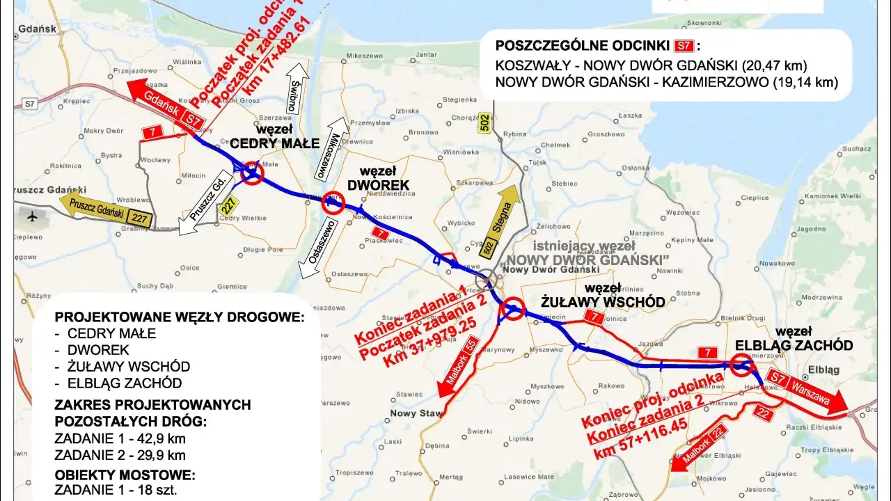 Mapa drogowa z zaznaczonymi węzłami drogowymi i odcinkami S7. Widoczna droga krajowa 7 oraz węzły Cedry Małe, Dworek, Żuławy Wschód i Elbląg Zachód.