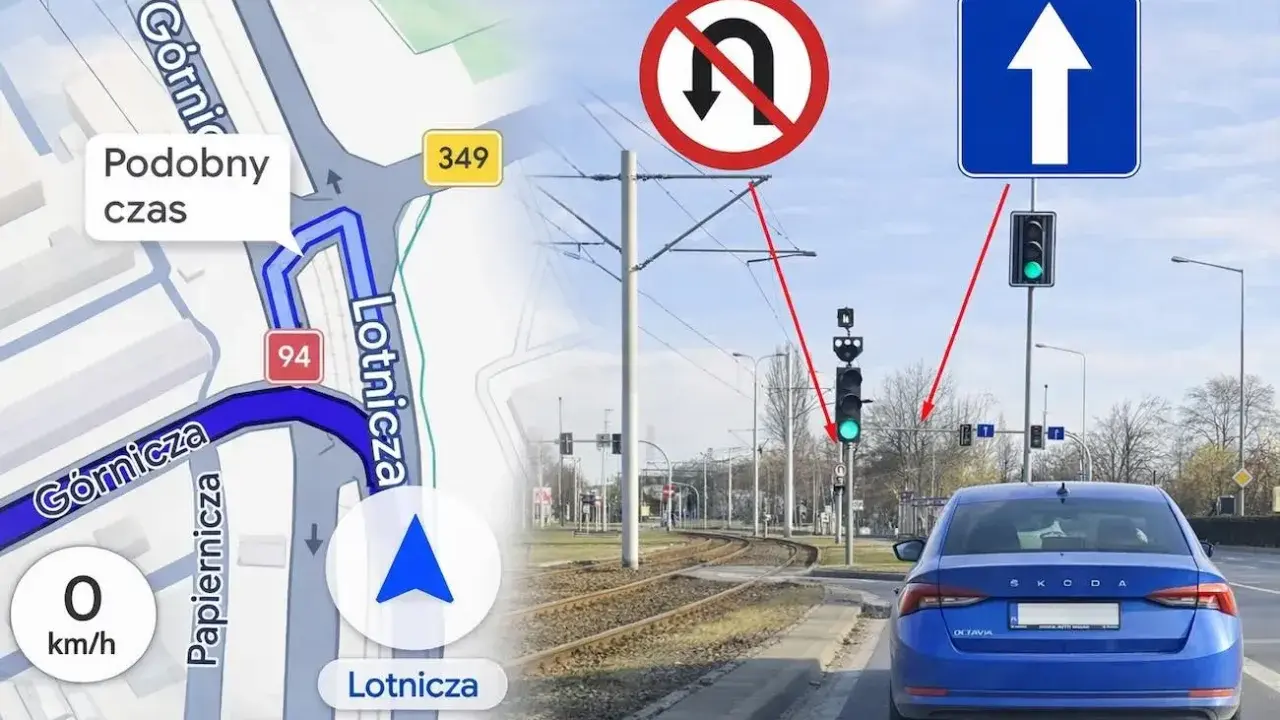 Nawigacja pokazuje trasę, a znaki i sygnalizacja świetlna ostrzegają przed mandatem za zawracanie na zakazie.