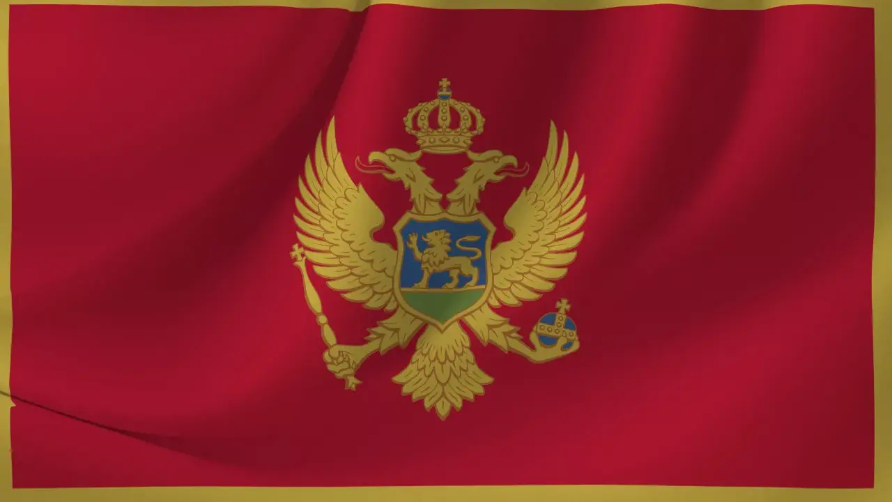Flaga Czarnogóry, skrót państwa MNE, z dwugłowym orłem i tarczą.