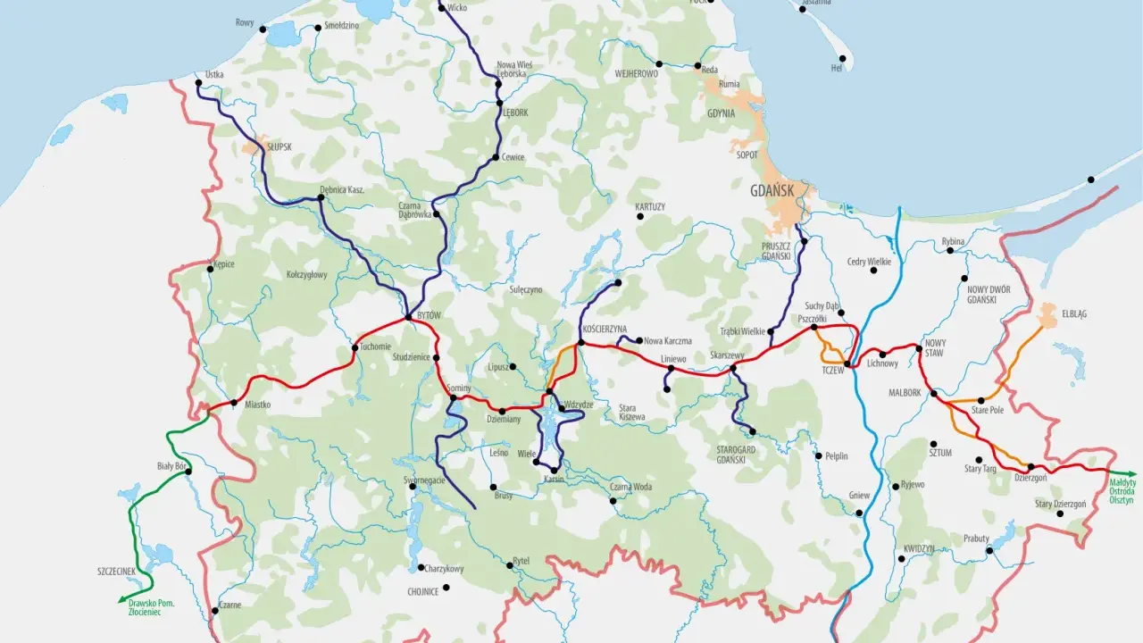 Mapa kolejowa Pomorza z zaznaczoną trasą Bytów - Kościerzyna - Tczew.
