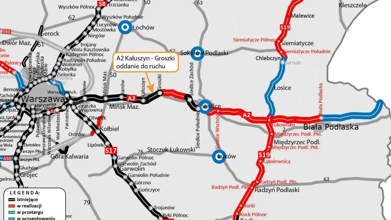 Mapa drogowa z zaznaczonymi trasami A2 i S19, pokazująca postęp prac. Dobre jedzenie na trasie Łódź-Gdańsk czeka po drodze!