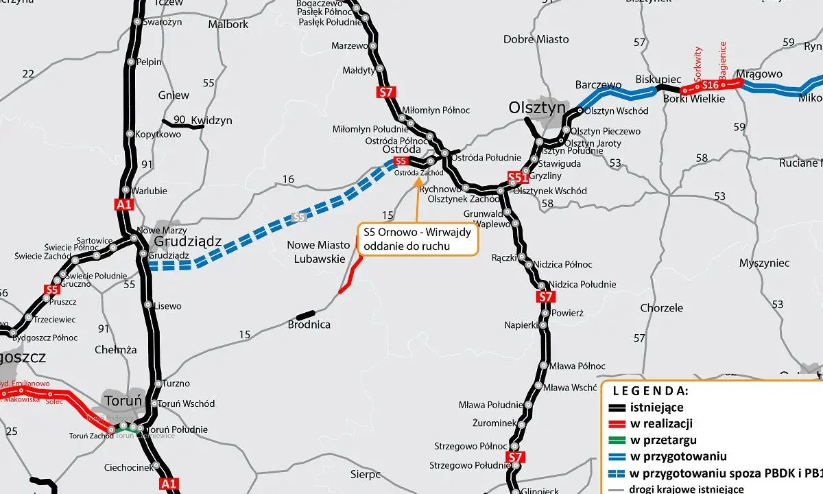 Mapa drogowa z zaznaczonymi trasami, w tym drogą S5 Ornowo-Wirwajdy oddaną do ruchu, z widocznym Olsztynem.