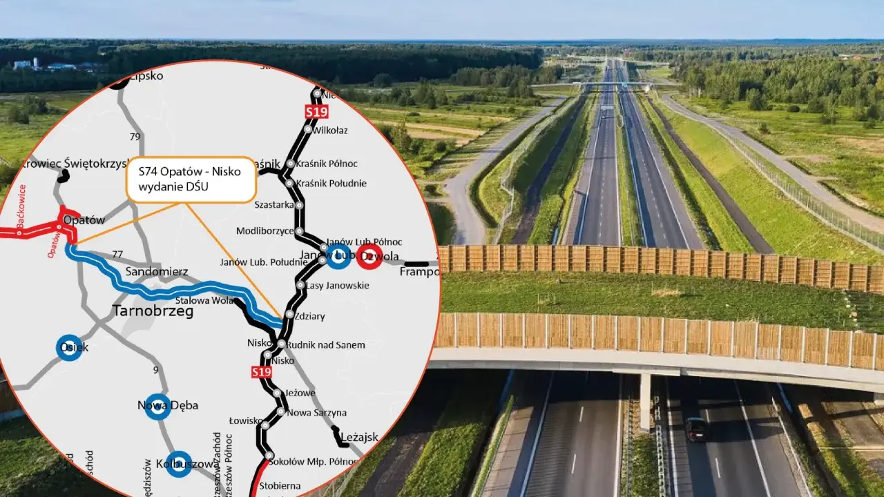 Mapa drogowa S74 Opatów - Nisko, z zaznaczoną trasą i miastami jak Tarnobrzeg, Sandomierz, Opatów. W tle widok na nowoczesną autostradę.