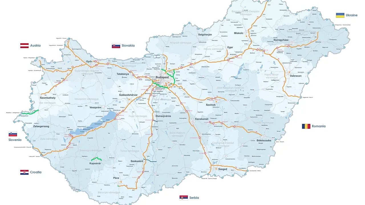 Mapa dróg Węgier z zaznaczonymi głównymi trasami i miastami. Planujesz podróż po Węgrzech? Ta mapa pomoże Ci zaplanować trasę.