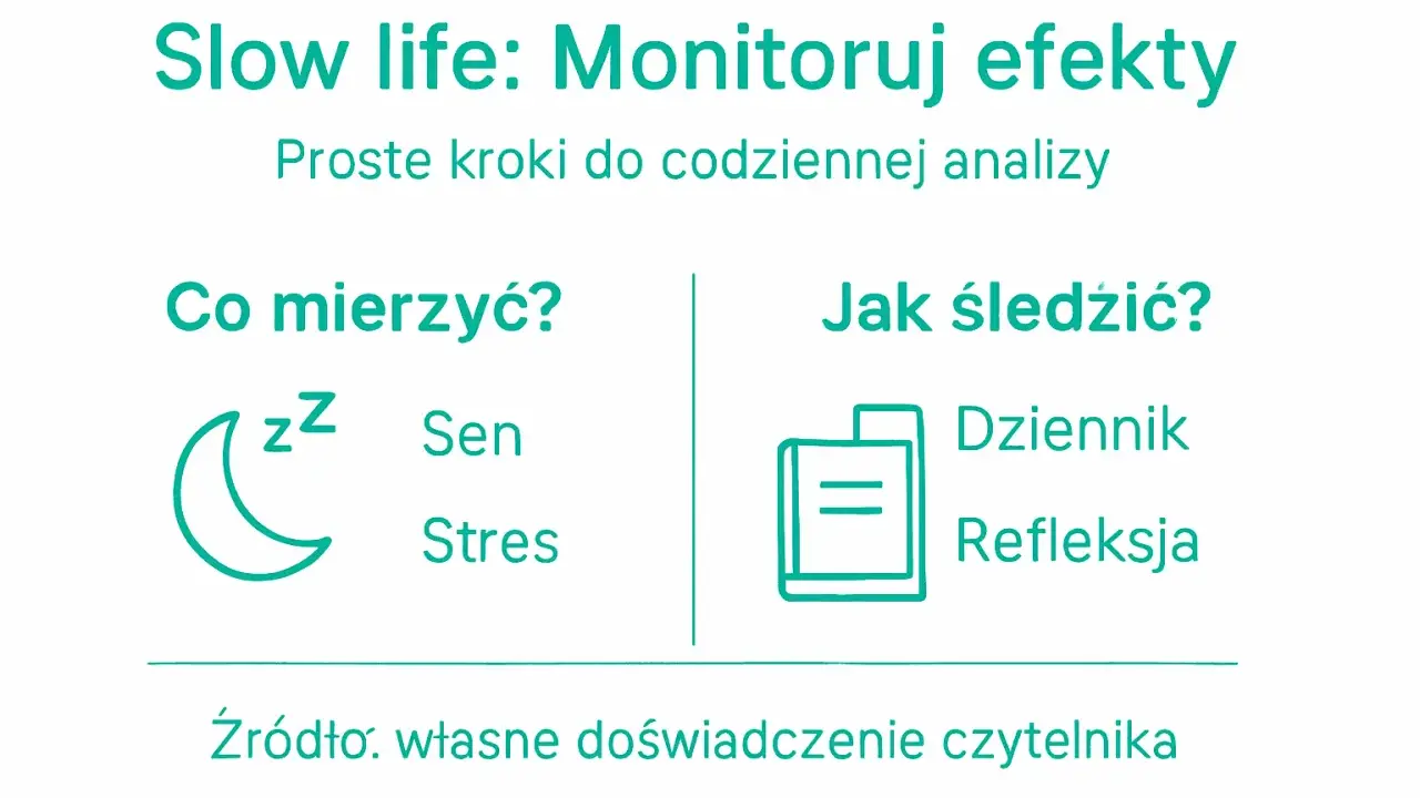 Slow life: Monitoruj efekty. Co mierzyć? Sen, stres. Jak śledzić? Dziennik, refleksja. Proste kroki do analizy.