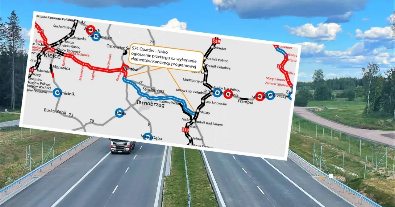Mapa drogowa z zaznaczoną trasą S74 Opatów-Nisko i S19. W tle droga szybkiego ruchu i krajobraz.