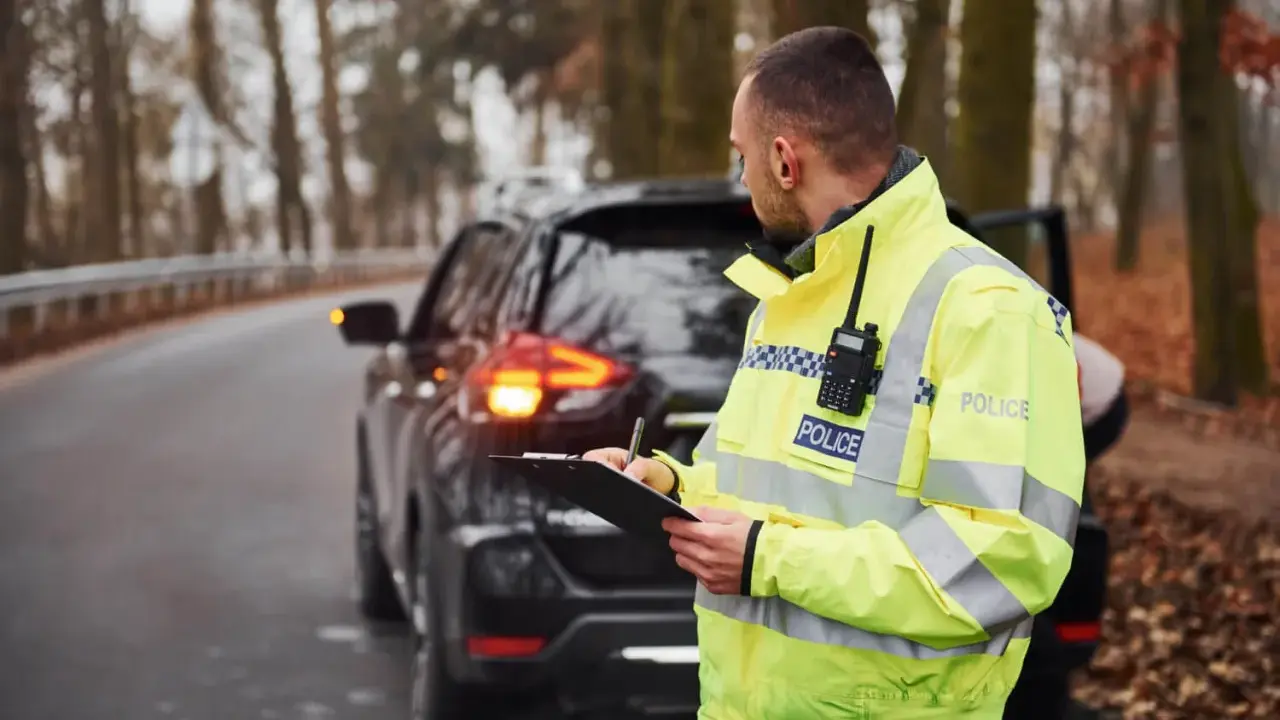 Policjant w odblaskowej kamizelce spisuje notatki przy zatrzymanym samochodzie. Może to być kontrola drogowa lub wystawianie mandatów w Czechach.