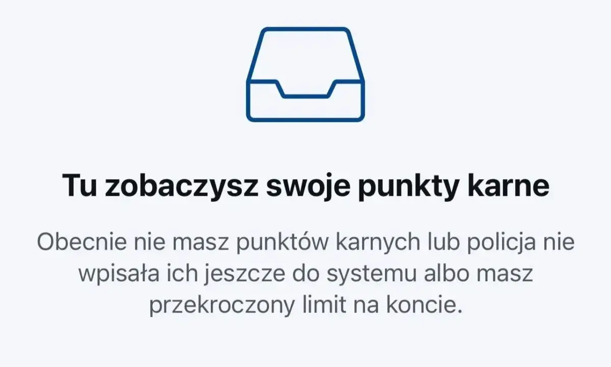 Ikona skrzynki pocztowej. Tu zobaczysz swoje punkty karne. Brak punktów, chyba że dostałeś mandat za przekroczenie prędkości o 20 km/h i jeszcze nie został wpisany.
