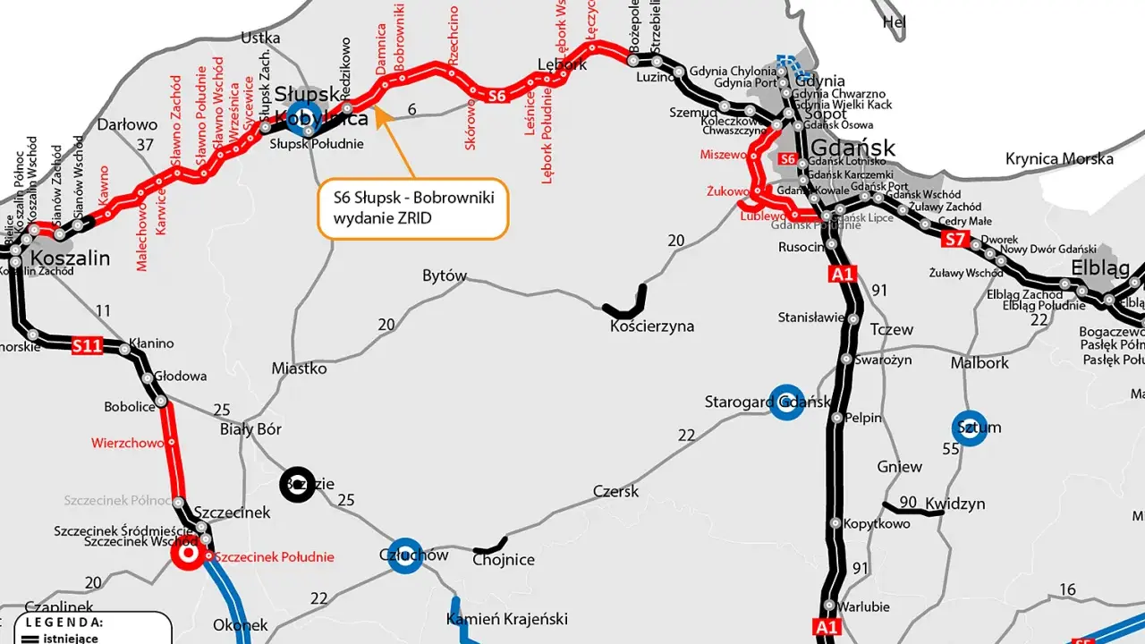 Mapa drogowa z zaznaczoną trasą S6 Słupsk - Bobrowniki, w realizacji.
