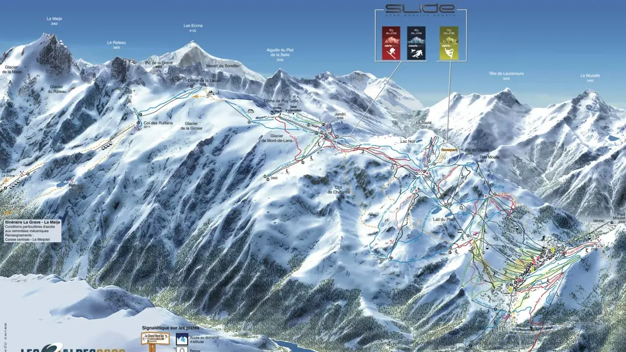 Mapa narciarska Les Deux Alpes z zaznaczonymi trasami, wyciągami i szczytami. Widok górski z lodowcami i jeziorami.