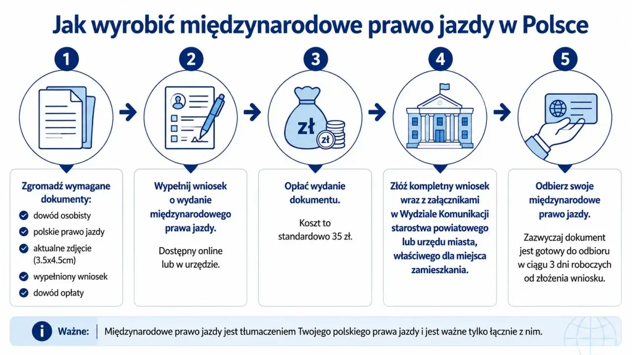Jak wyrobić międzynarodowe prawo jazdy: zbierz dokumenty, wypełnij wniosek, opłać, złóż w urzędzie i odbierz.