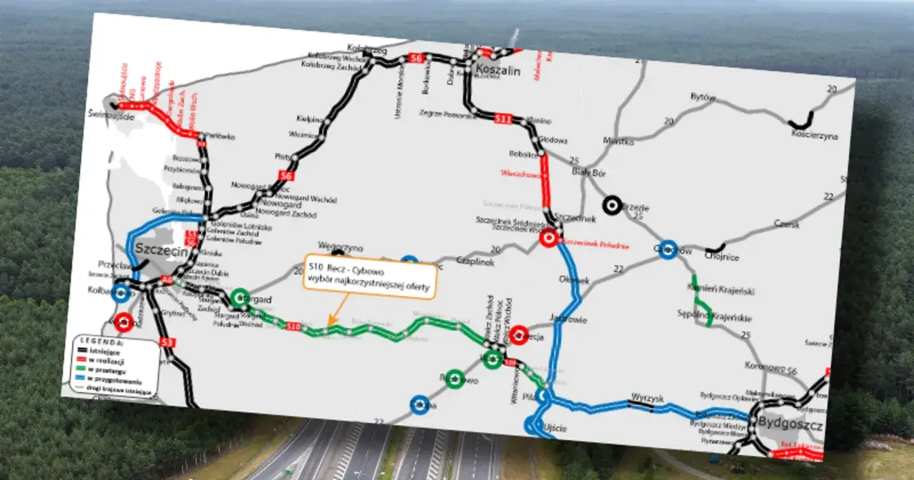 Mapa drogowa z zaznaczonymi trasami, w tym drogami w budowie i planowanymi. Widoczna jest trasa Szczecin - Bydgoszcz.