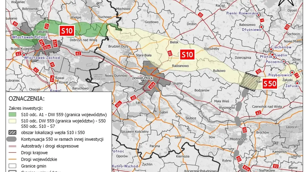 Mapa pokazuje przebieg trasy S10 i S50, z zaznaczonymi odcinkami inwestycji, węzłami i granicami.