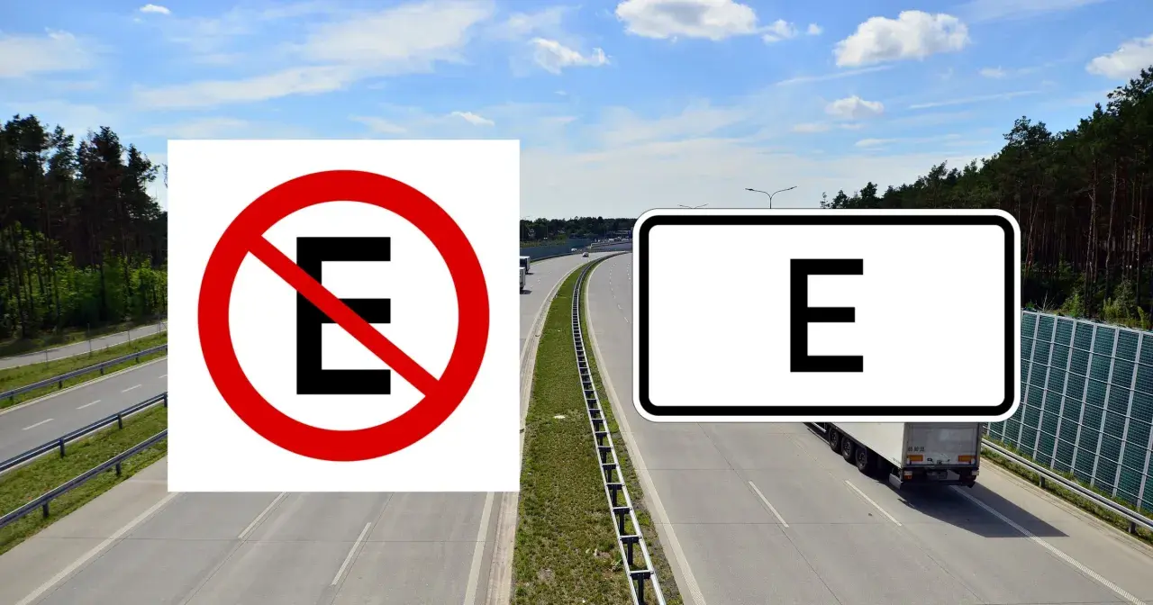 Zakaz zatrzymywania się (oznaczenie drogi E) i strefa dla pojazdów elektrycznych.