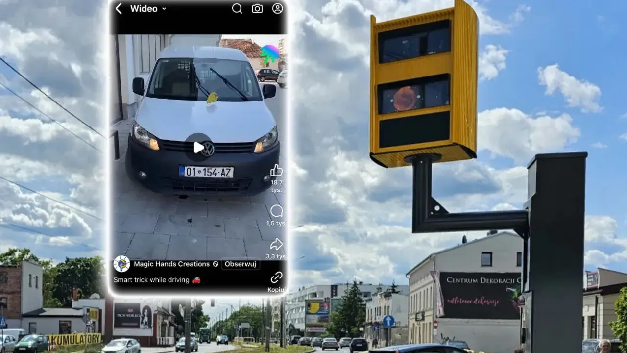 Jak wypełnić mandat z fotoradaru wzór? Na filmie biały bus, fotoradar i droga.