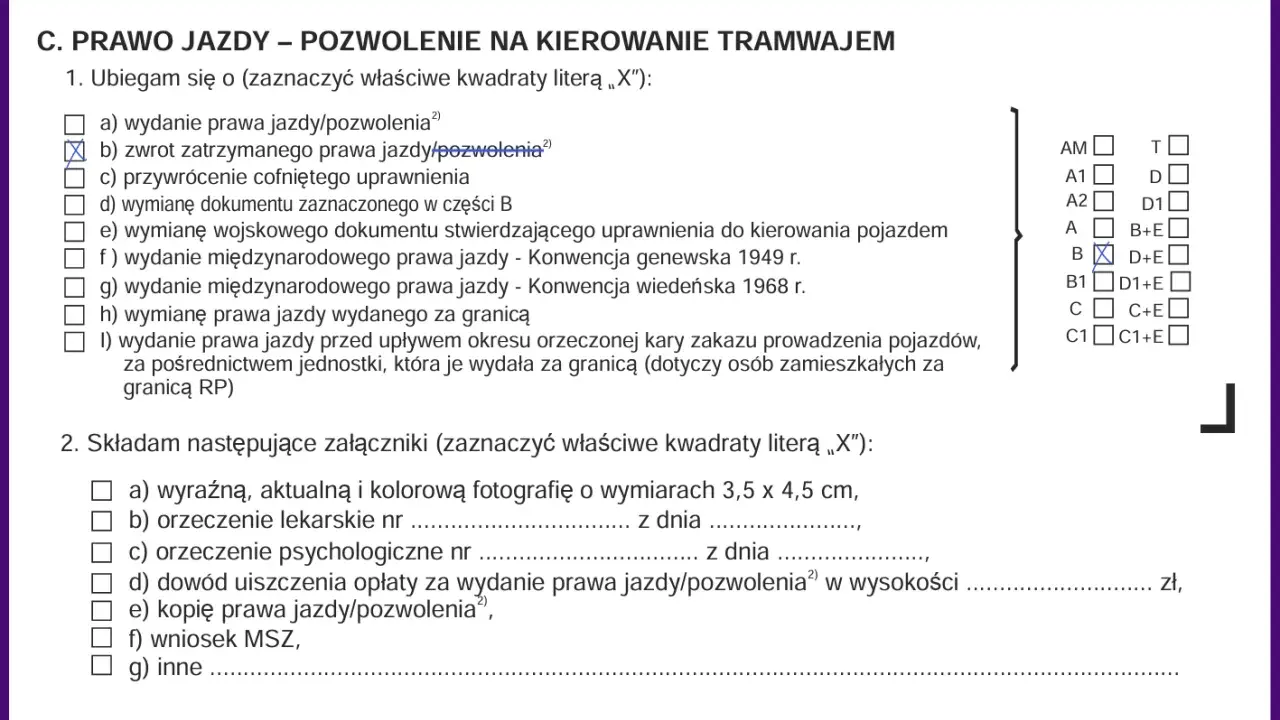Formularz dotyczy prawa jazdy. Zaznaczono zwrot zatrzymanego prawa jazdy, co może być związane z tym, na ile zabierają prawo jazdy za prędkość.