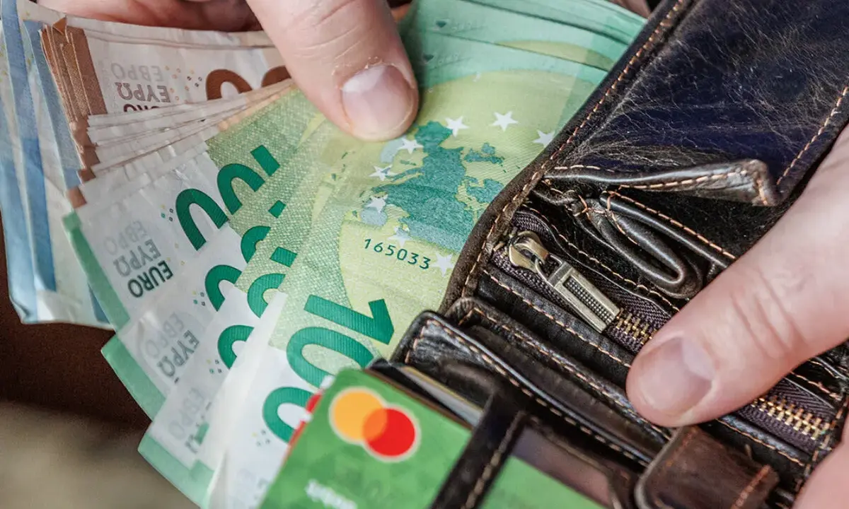 Dłonie trzymające portfel z banknotami euro. Od 2015 roku jaka waluta jest na Litwie? Euro.