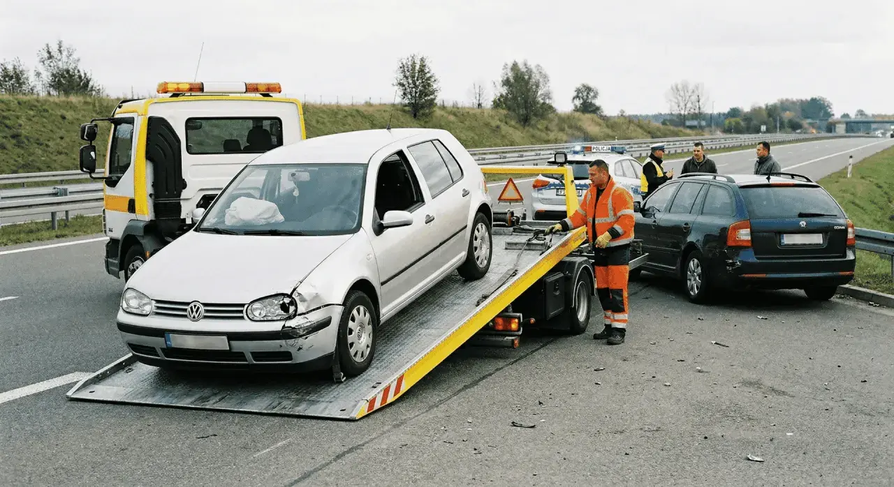 Pomoc drogowa w akcji: srebrny Volkswagen na lawecie, obok czarna Skoda i policja. Trwa holowanie auta po wypadku.