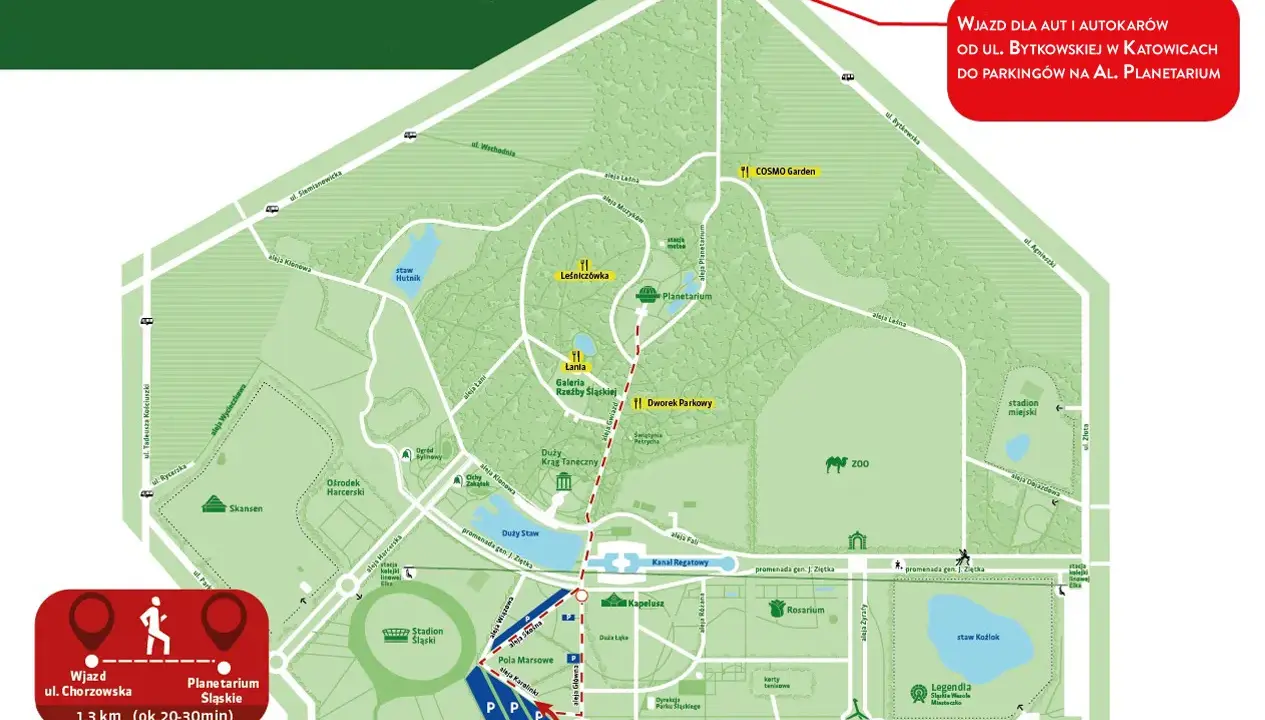 Mapa Parku Śląskiego. Wjazd od ul. Chorzowskiej, 1,3 km do Planetarium Śląskiego. Widać Planetarium, Zoo, Stadion Śląski.