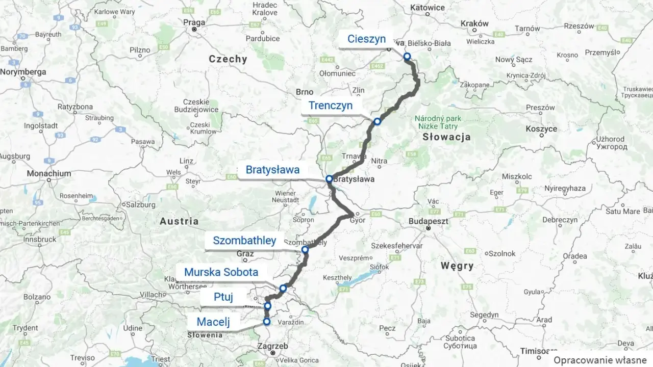 Trasa z Cieszyna przez Bratysławę, Szombathely, Ptuj do Zagrzebia. Zastanawiasz się, ile kilometrów jest do Chorwacji? Mapa pokazuje drogę do Zagrzebia.