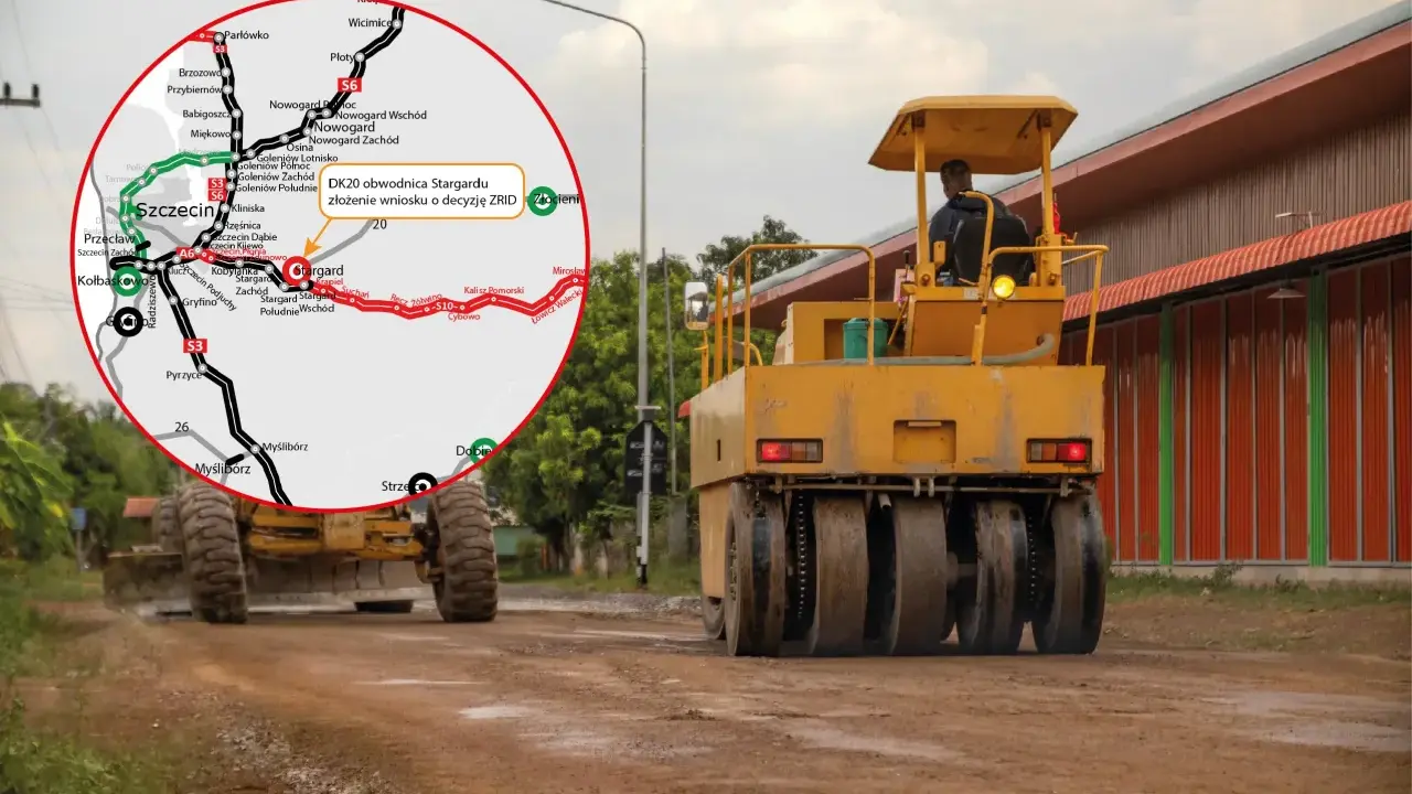 Na mapie zaznaczono DK20 obwodnicę Stargardu. W tle żółty walec drogowy i spychacz pracują na budowie drogi.