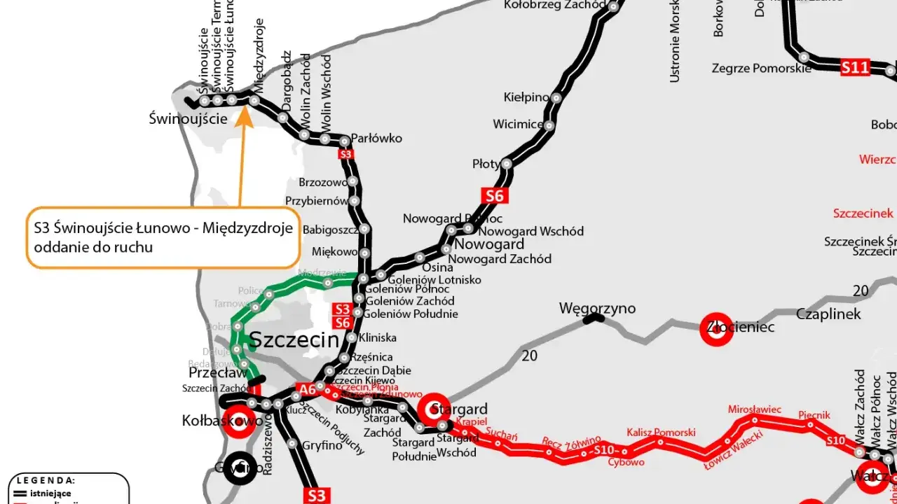 Mapa drogowa z zaznaczoną trasą S3 Świnoujście - Międzyzdroje.