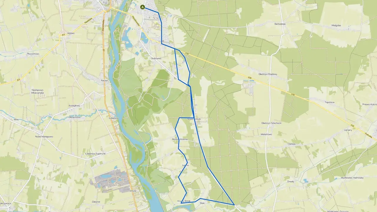 Trasa rowerowa wokół Pułtuska, prowadząca przez malownicze tereny z lasami i polami, z zaznaczonymi miejscowościami jak Grabówiec i Nowe orsuki.