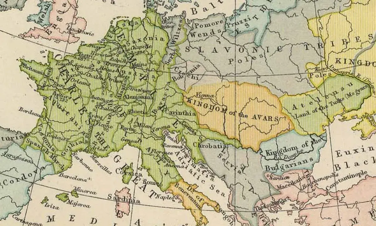 Mapa Europy z zaznaczoną Bawarią, która leży na wschód od Franków, na północ od Italii i na zachód od Królestwa Awarów.