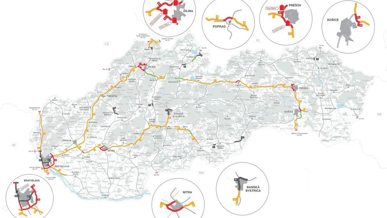 Mapa Słowacji z zaznaczonymi drogami i miastami. Wjazd na Słowację przez autostrady D1, D2, R1, R4.