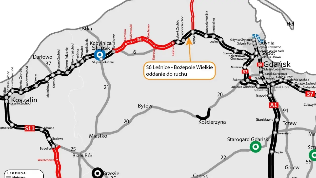 Mapa drogowa Pomorza z zaznaczoną drogą krajową 22, S6, S7 i A1. Widoczne miasta: Koszalin, Słupsk, Gdańsk, Gdynia, Tczew.