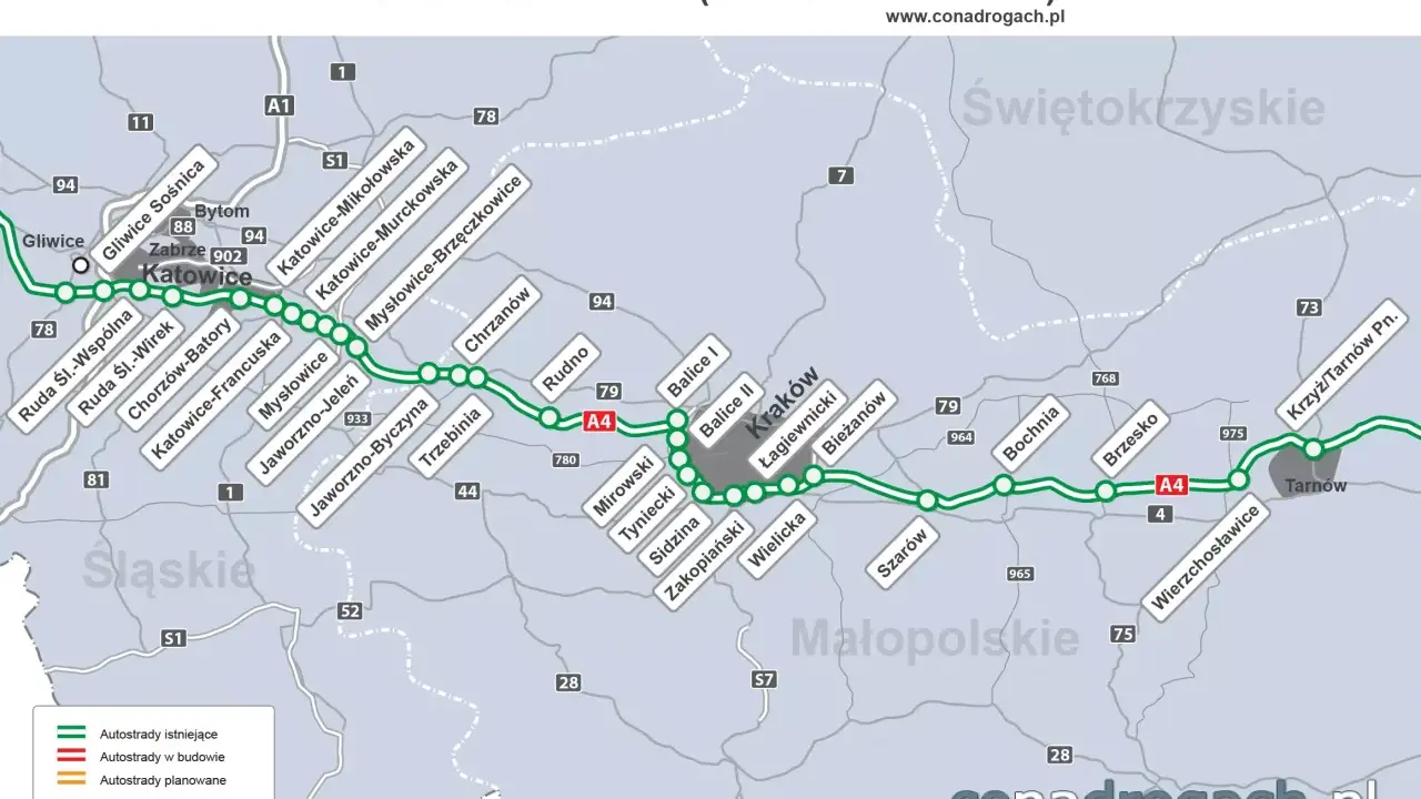 Mapa autostrady A4 od Katowic do Tarnowa, z zaznaczonymi miastami i węzłami.