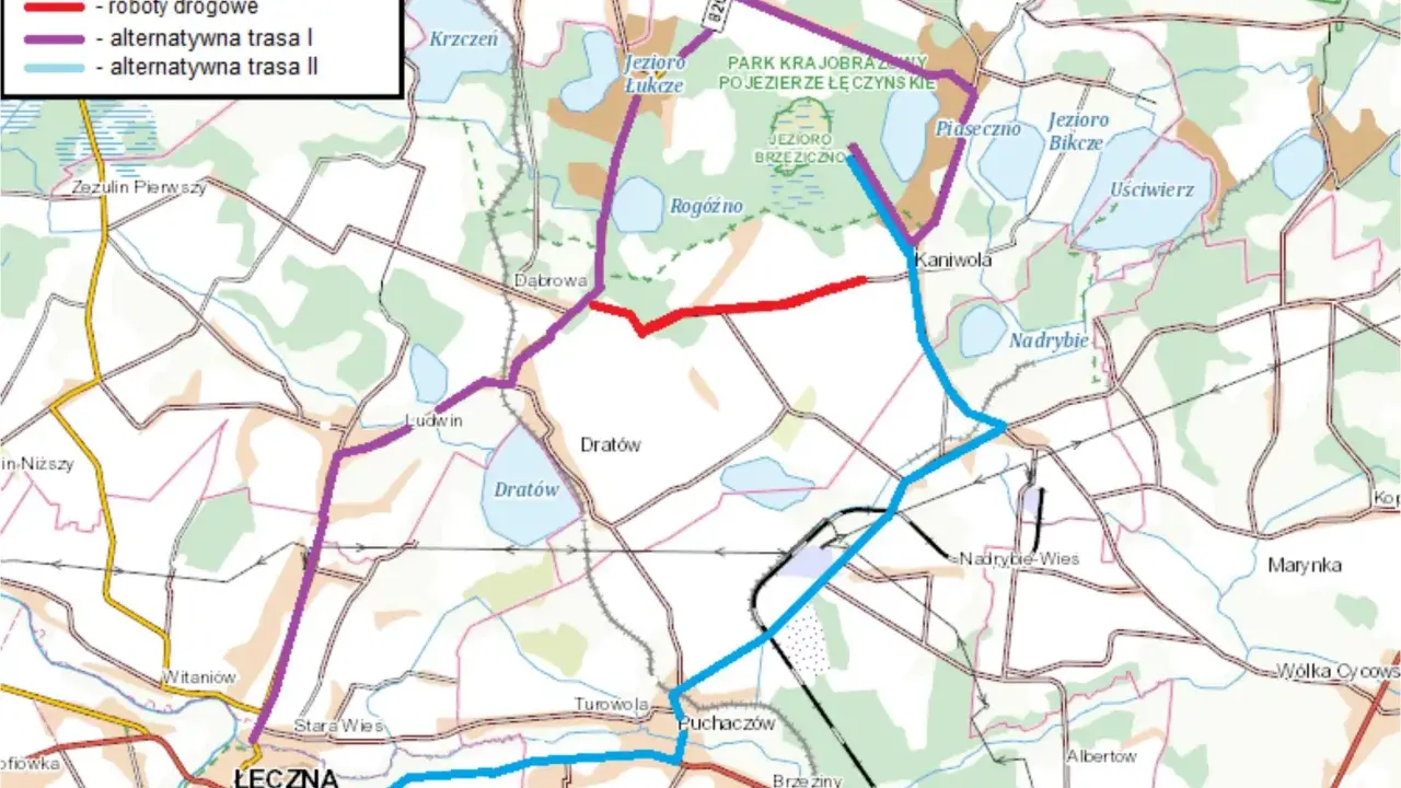 Mapa pokazuje przebudowę drogi powiatowej z Dąbrowy do Kaniwoli, z zaznaczoną łęczną trasą robót drogowych i alternatywnymi trasami I i II.